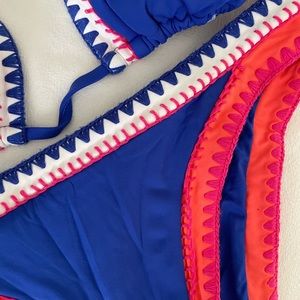 Stitched blue, pink, orange bikini.